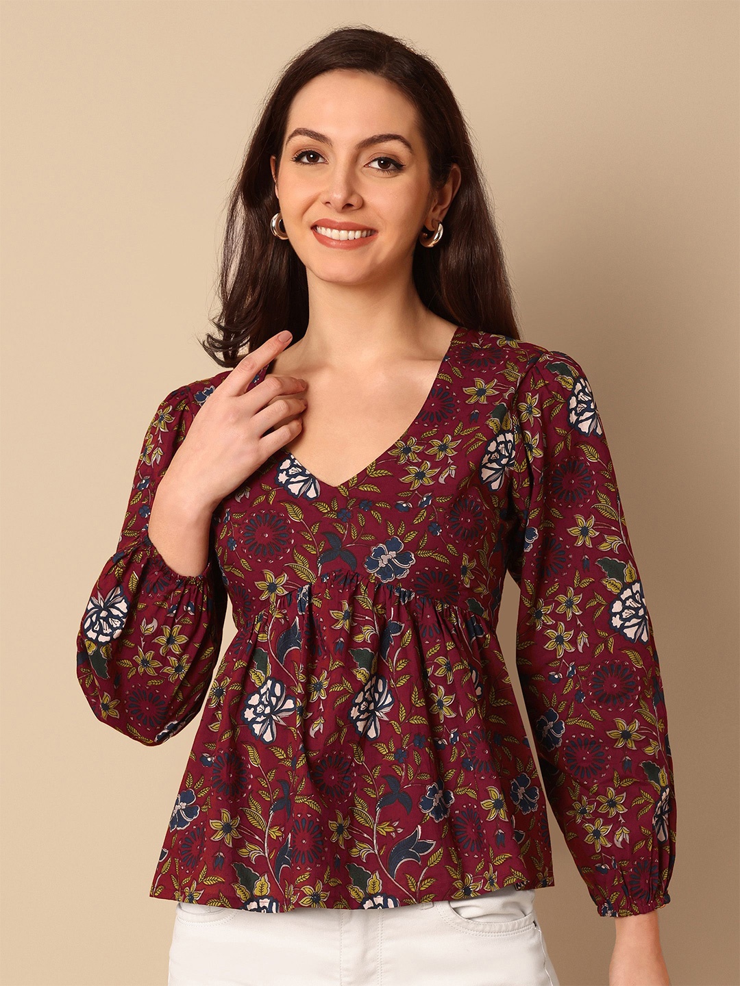 

ELYRAA Floral Print Cotton Puff Sleeve Tie-up Back Peplum Top, Maroon