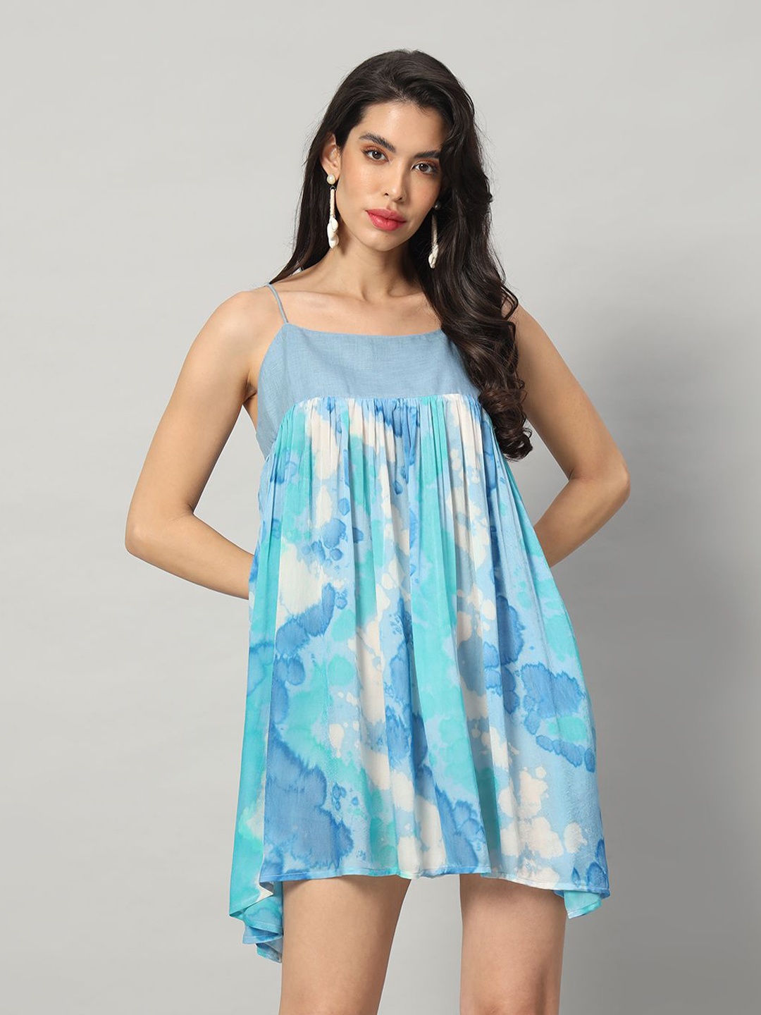 

BRIJAL LAD Tie and Dye Dyed Georgette Empire Mini Dress, Blue