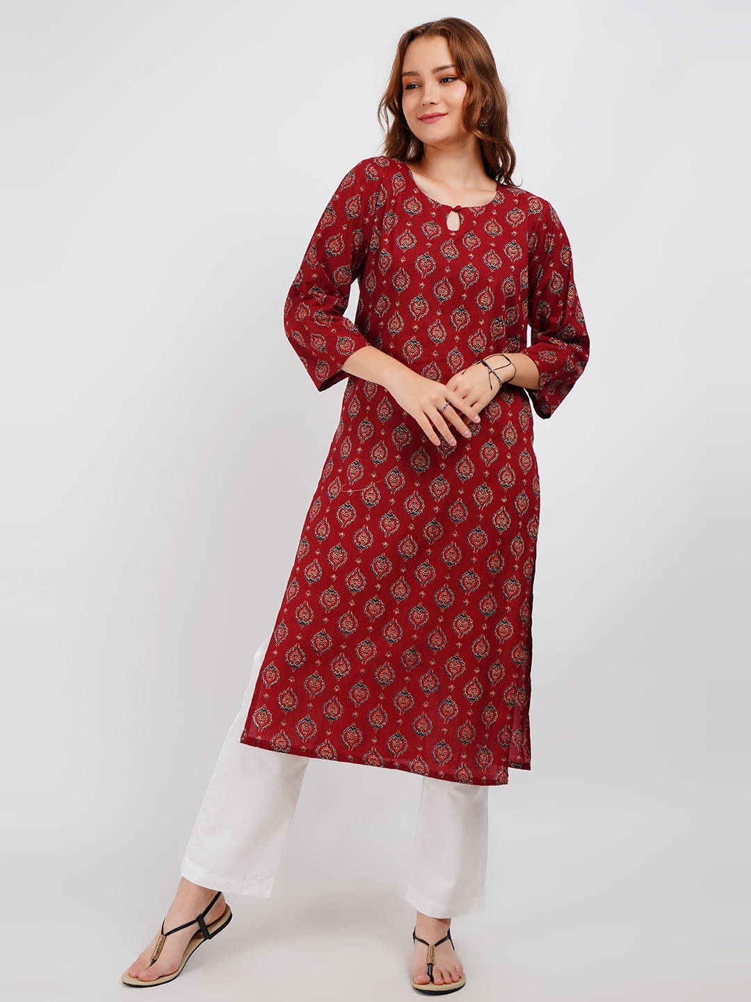 

Lavantika Ethnic Motifs Printed Key Hole Neck Pure Cotton Straight Kurta, Maroon