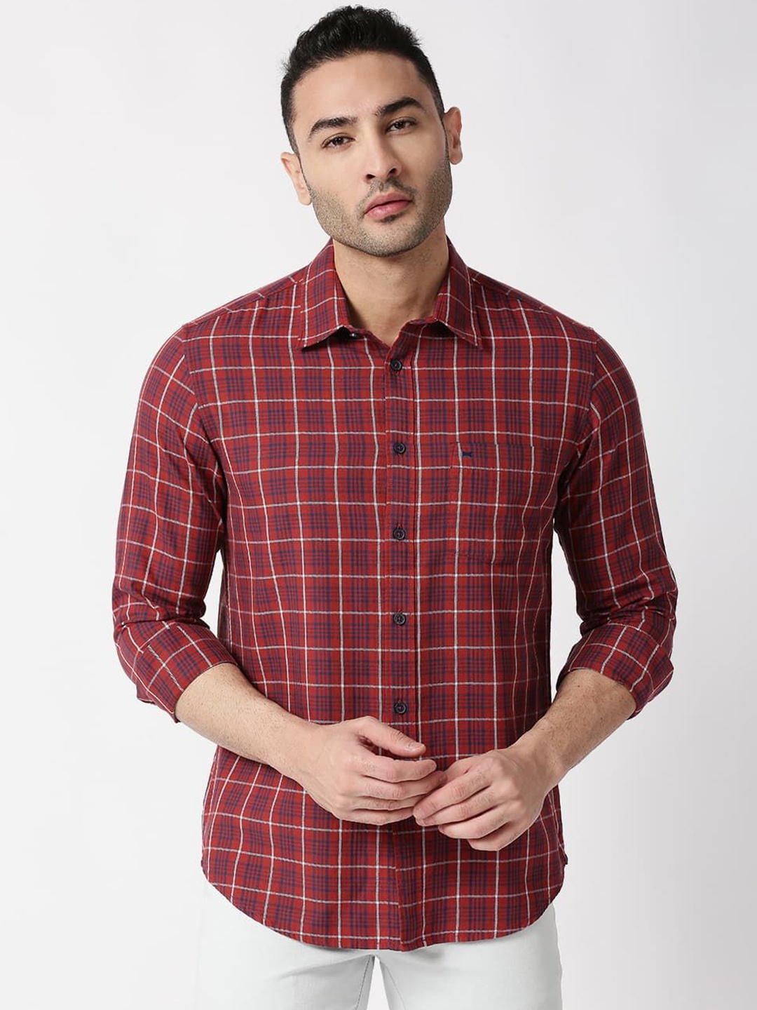 

Basics Men Relaxed Fit Spread Collar Checked Cotton Casual Shirt, Red