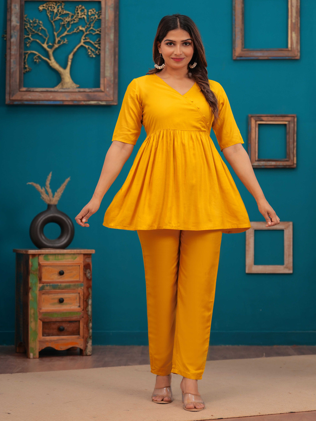 

Aktasa V-Neck Peplum Top With Trouser, Yellow