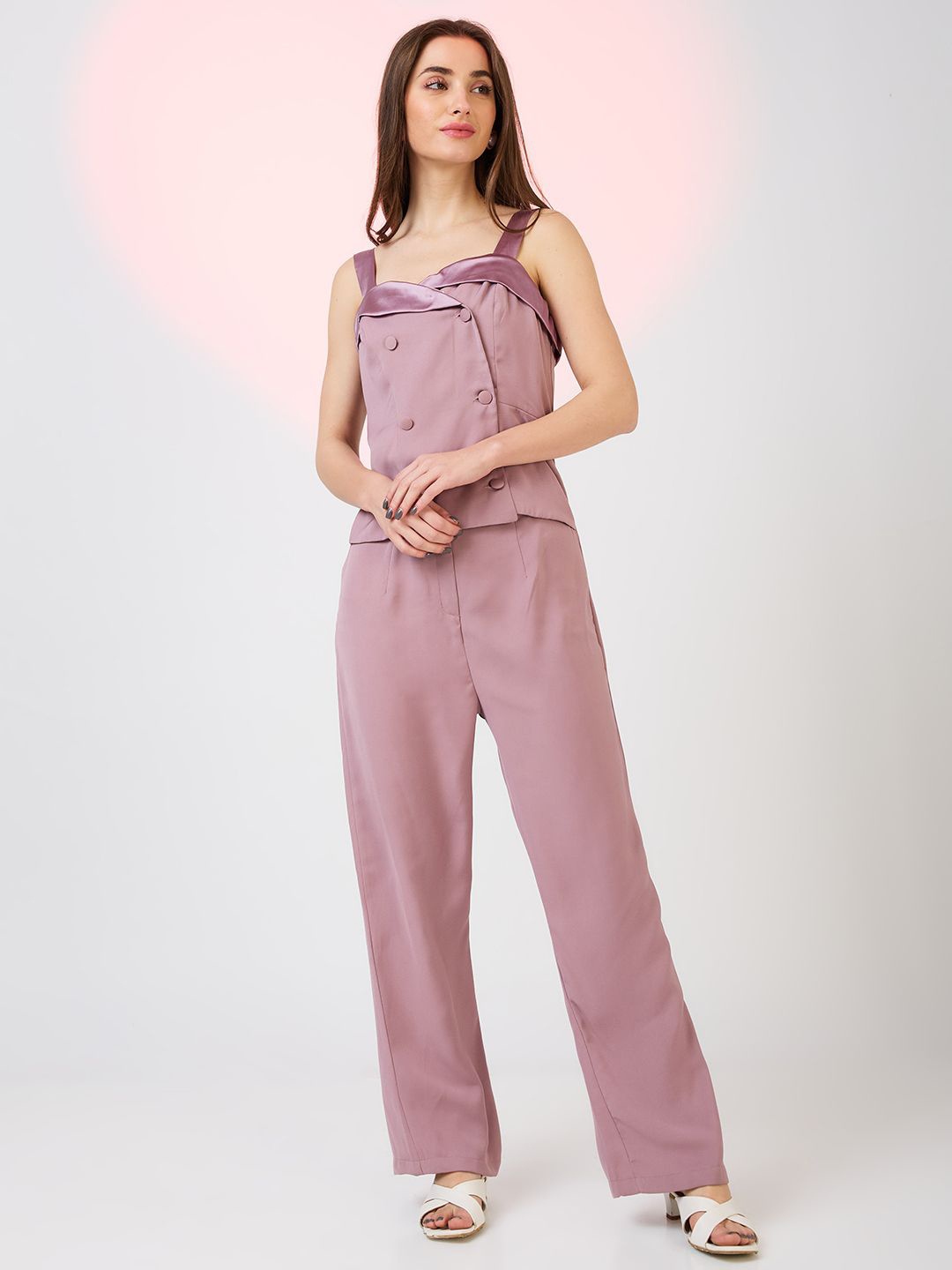 

Globus Sweetheart Neck Strappy Shoulder Double Breasted Workwear Jumpsuit, Mauve