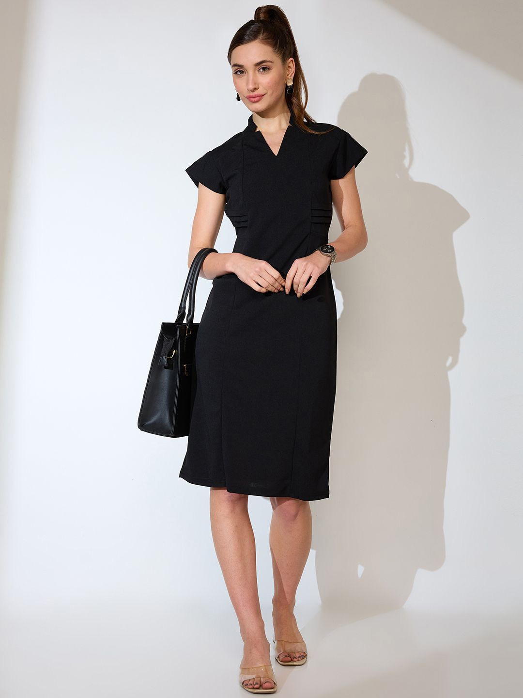 

Globus V-Neck Cap Sleeves Sheath Midi Workwear Dress, Black