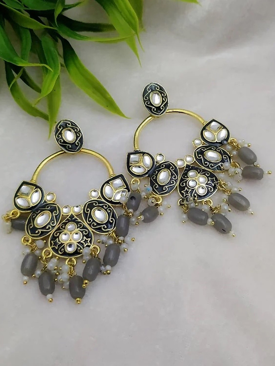

MADDY SPACE Gold-Plated Artificial Stones Studded And Beaded Drop Earrings, Grey