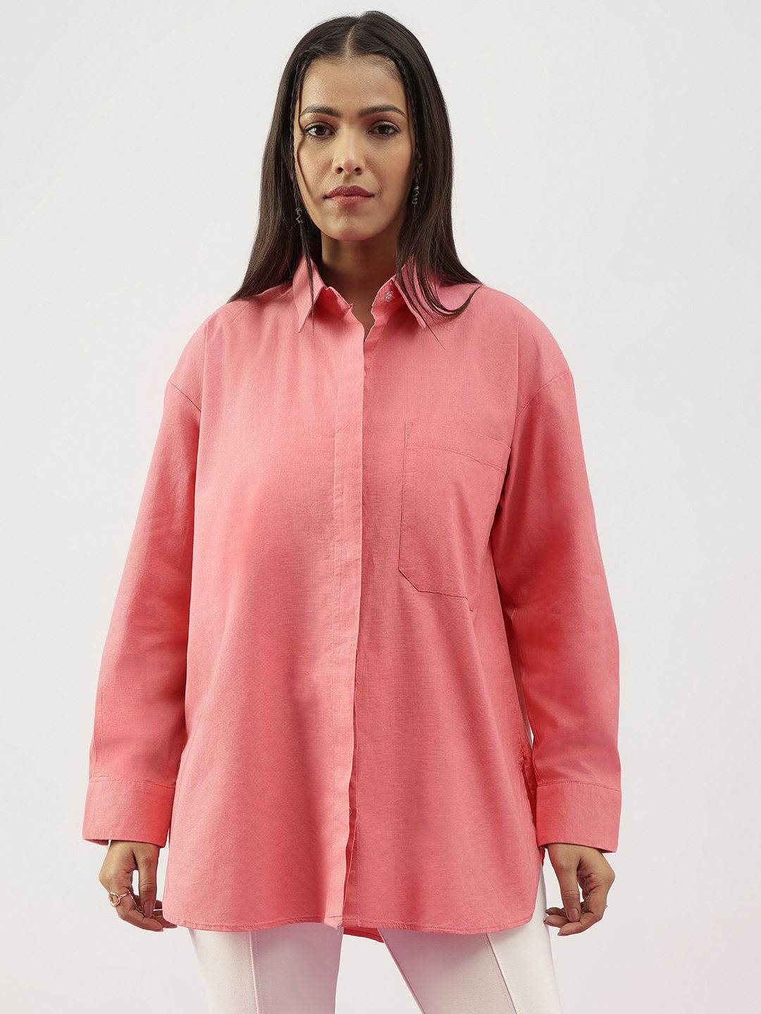 

Code 61 Women Comfort Oversized Fit Spread Collar Solid Cotton Casual Shirt, Pink