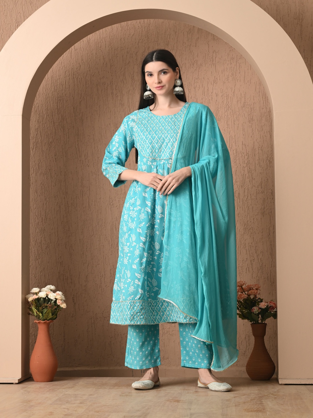 

Bhoolft Floral Printed Round Neck Panelled Anarkali Kurta With Trousers & Dupatta, Teal