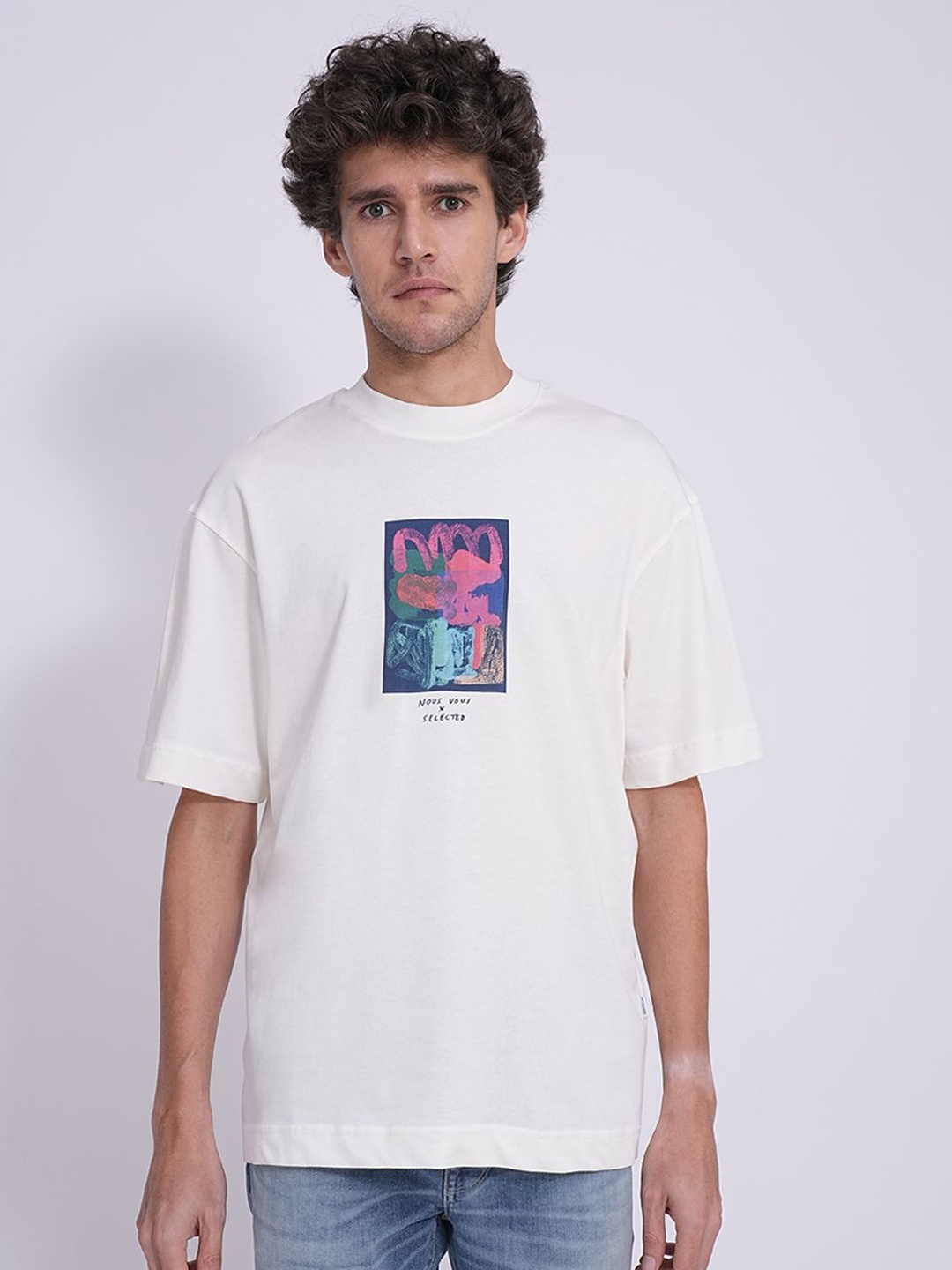

SELECTED Men Graphic Printed Round Neck Cotton Relaxed Fit T-shirt, White