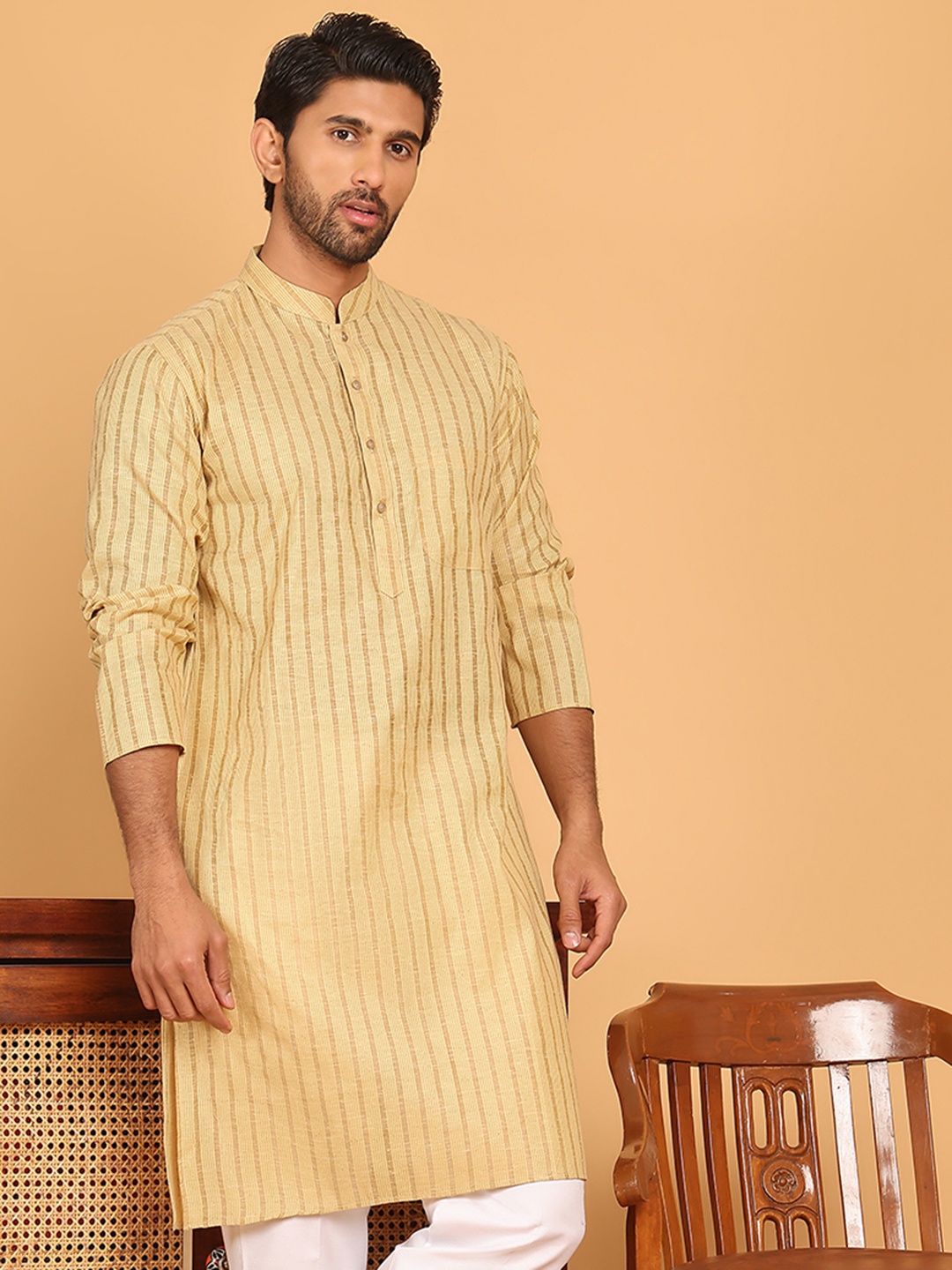 

Jompers Striped Mandarin Collar Pure Cotton Straight Kurtas, Beige