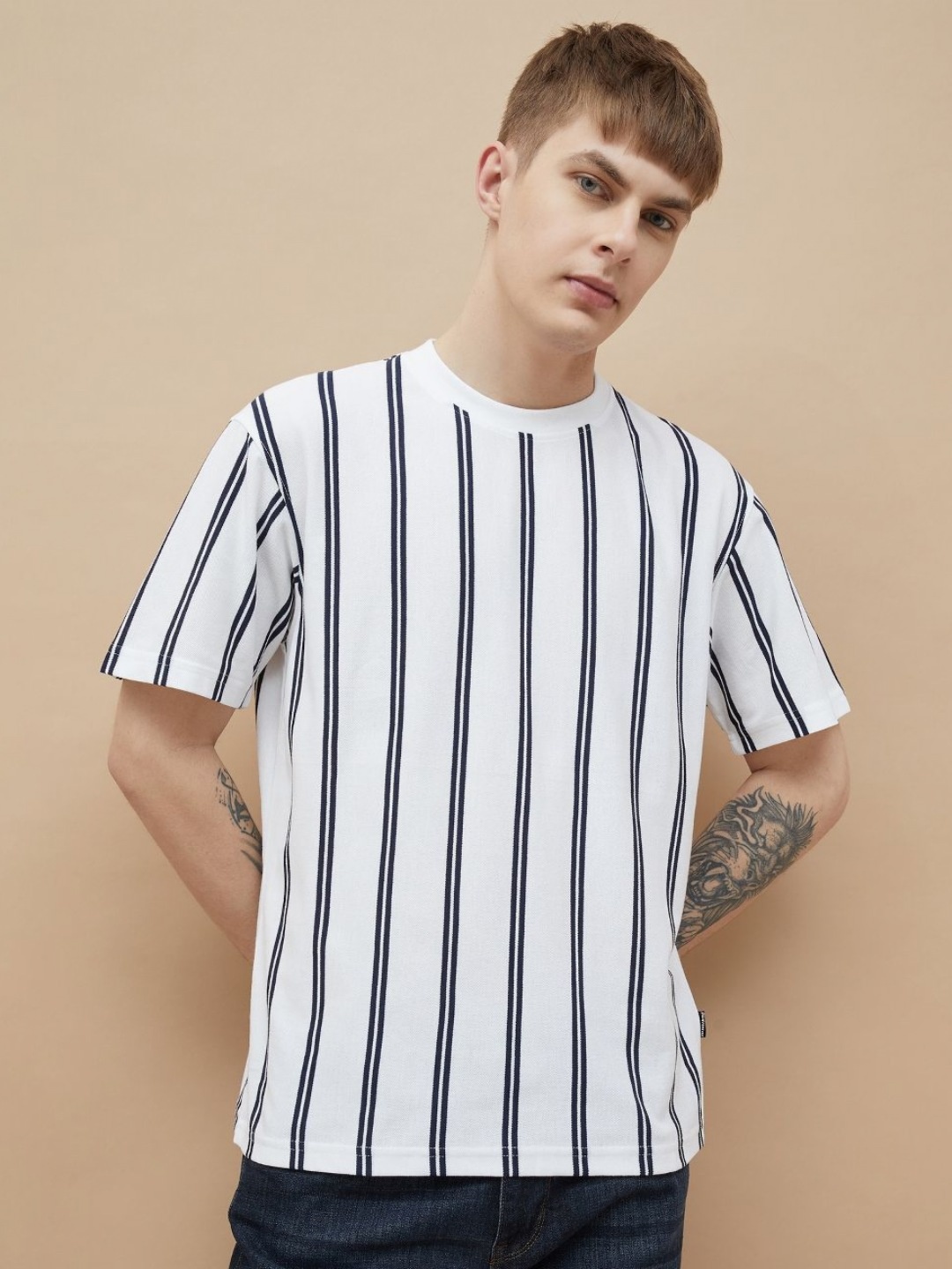 

Fame Forever by Lifestyle Men Striped Round Neck Cotton T-shirt, White