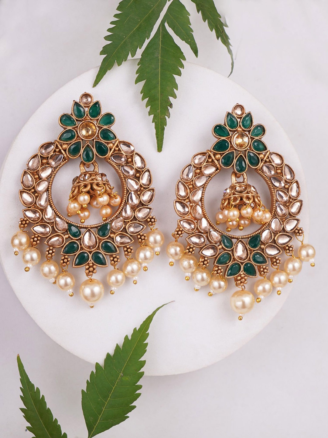 

Adwitiya Collection Gold-Plated Stones Studded And Beaded Contemporary Drop Earrings