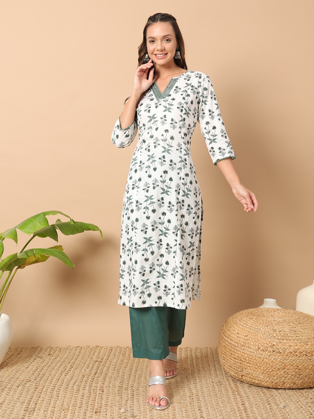 

FIORRA Floral Printed Notch Neck Pure Cotton Kurta With Trousers, White