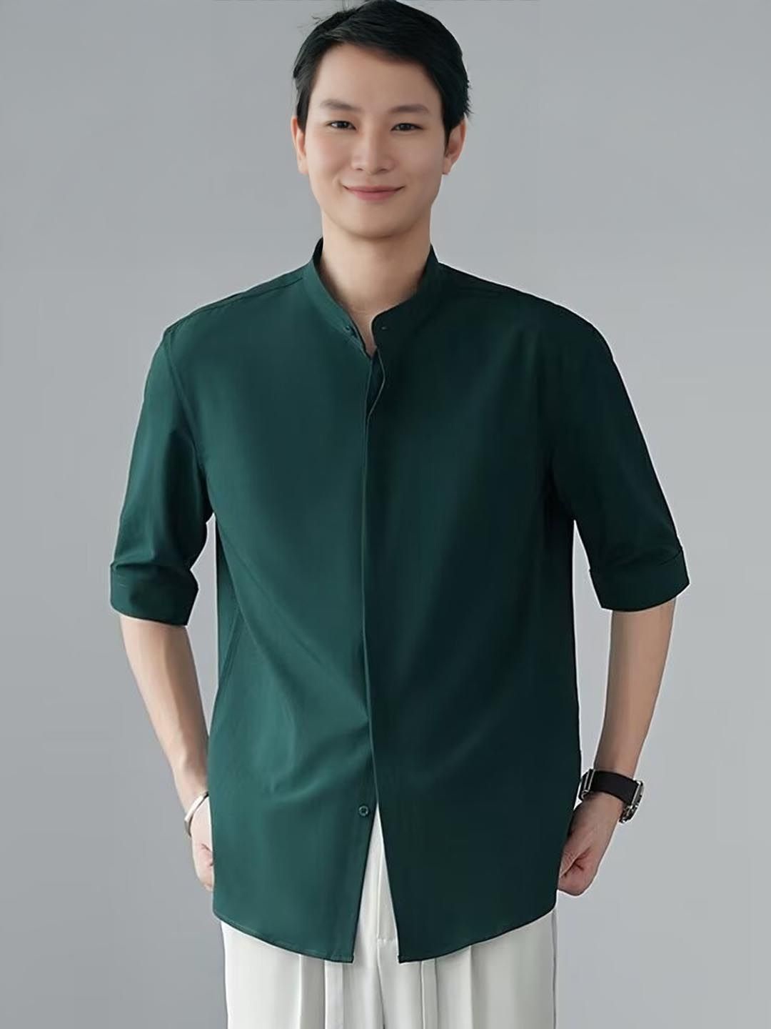 

StyleCast Men Mandarin Collar Solid Casual Shirt, Green
