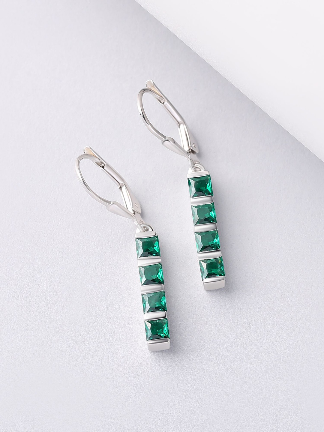 

Ornate Jewels 925 Silver Rhodium-Plated AD Studded Classic Shaped Drop Earring, Green