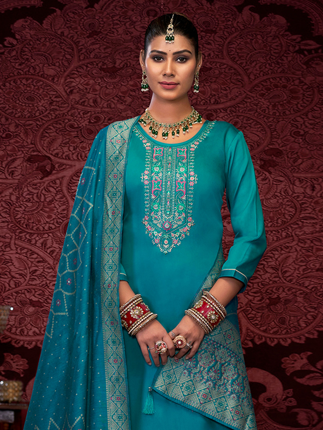 

Anouk Ethnic Motifs Embroidered Unstitched Dress Material, Teal