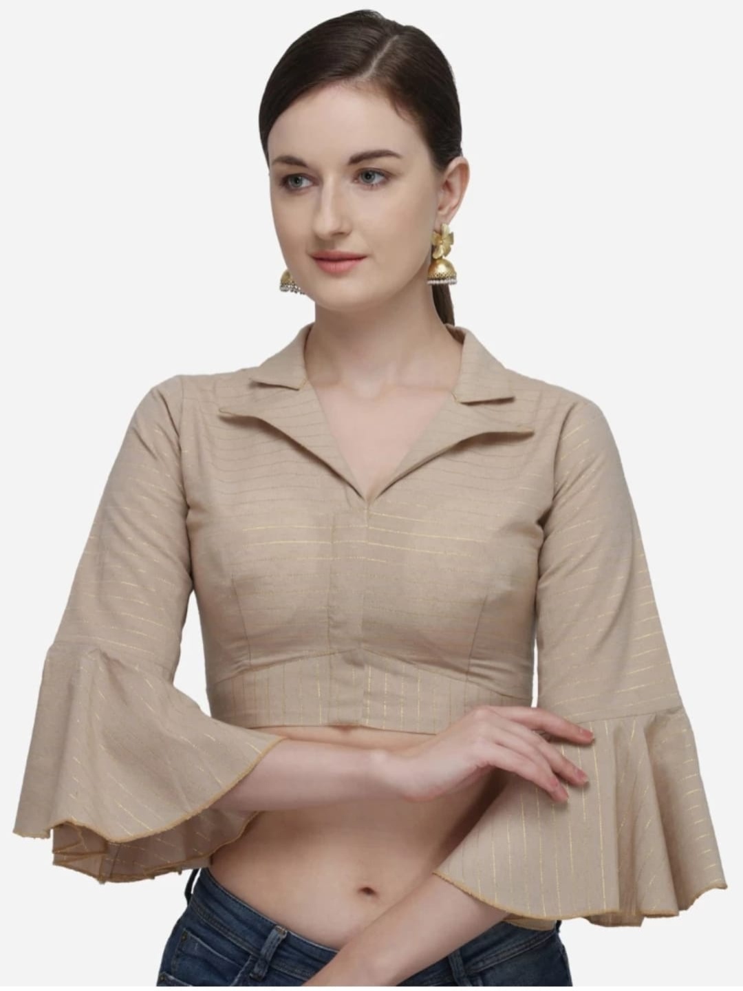 

HERE&NOW Women Bell Sleeve Saree Blouse, Beige