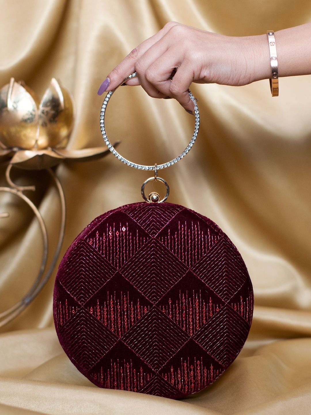 

ARTKLIM Threadwork & Sequins Embroidered Box Clutch, Maroon