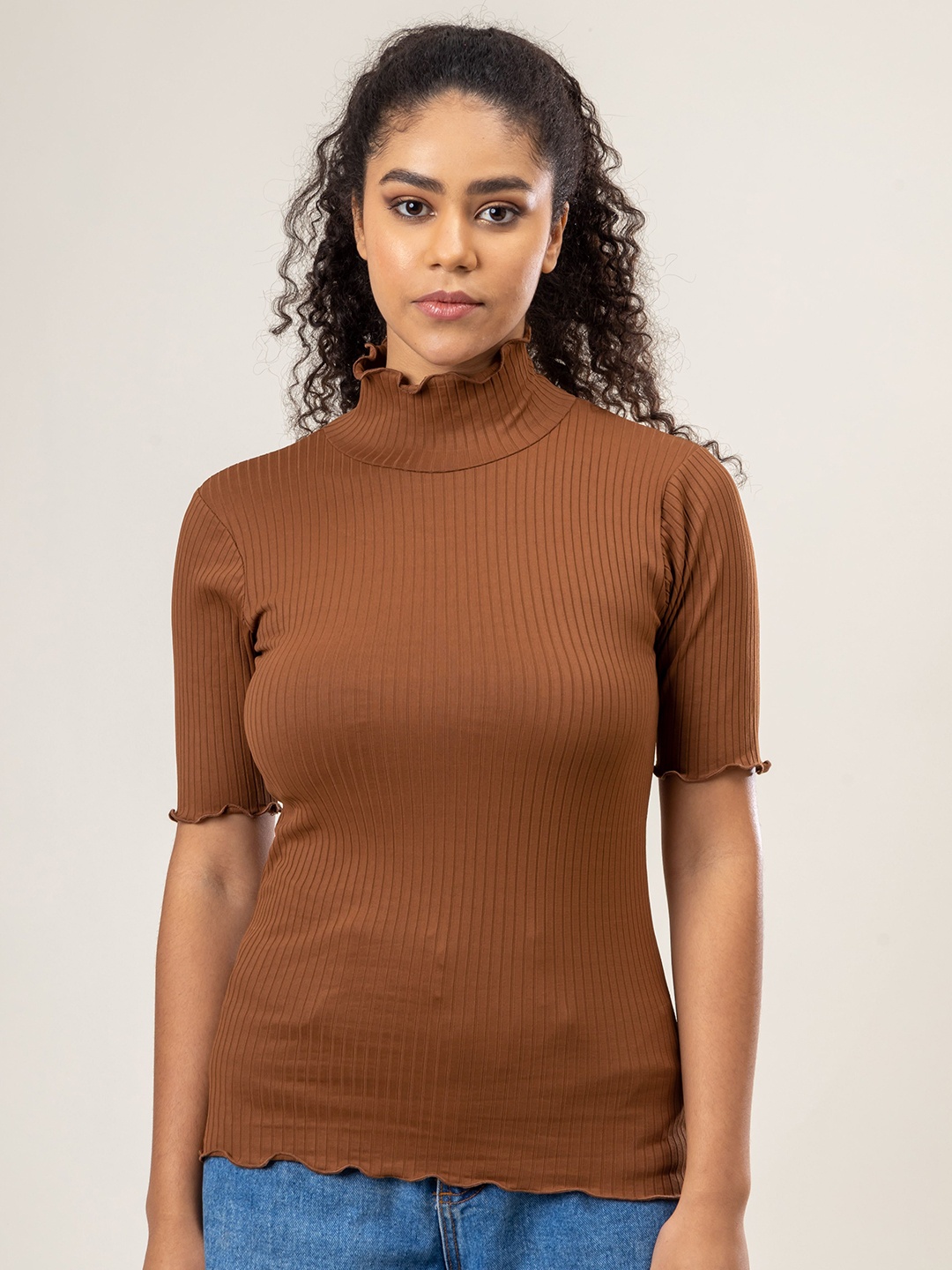 

PYR8 Women Ribbed Ribbed High Neck Top, Coffee brown