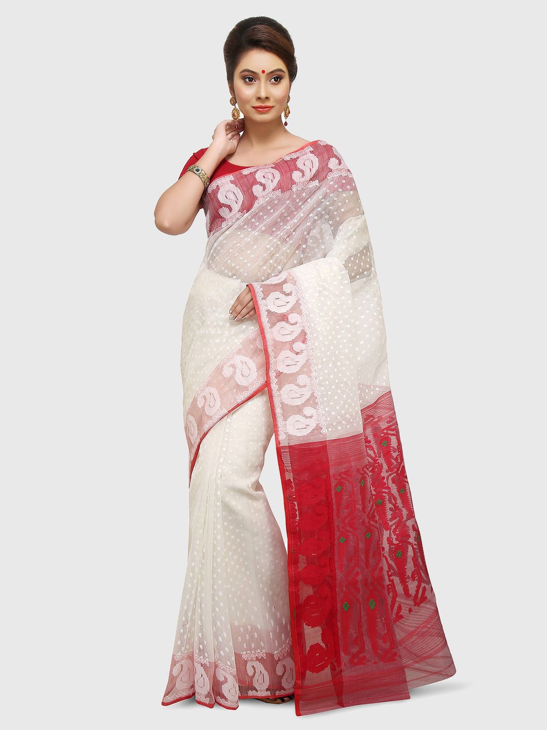 

Crochetin Woven Design Pure Cotton Ready to Wear Jamdani Saree, White