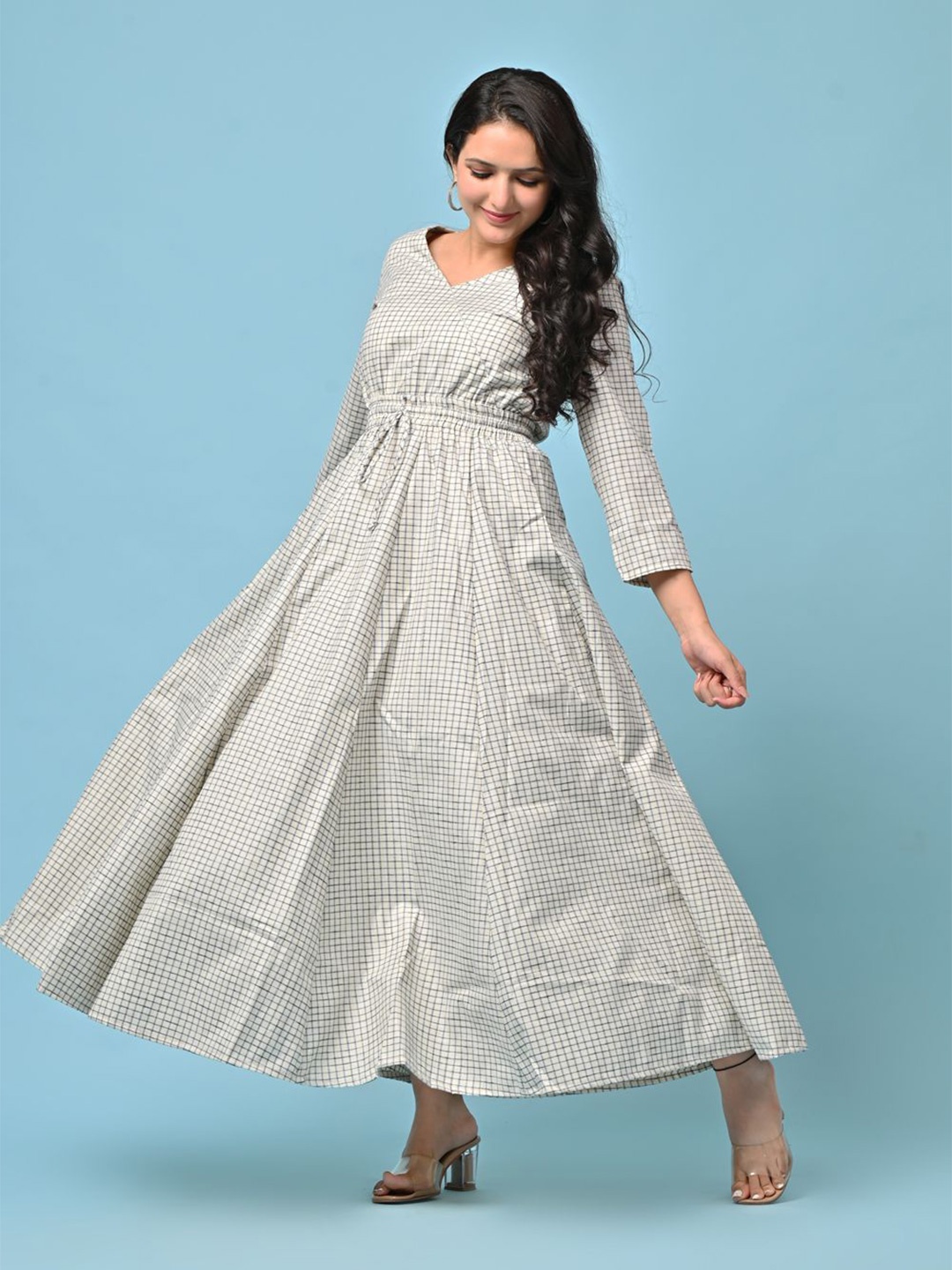 

Anootha Women Checked Fit & Flare Maxi Dress, White