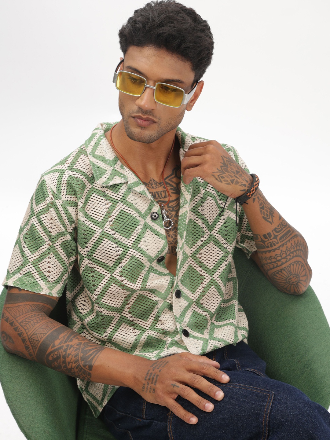 

FABRIPPLE Men Modern Semi Sheer Printed Casual Shirt, Green