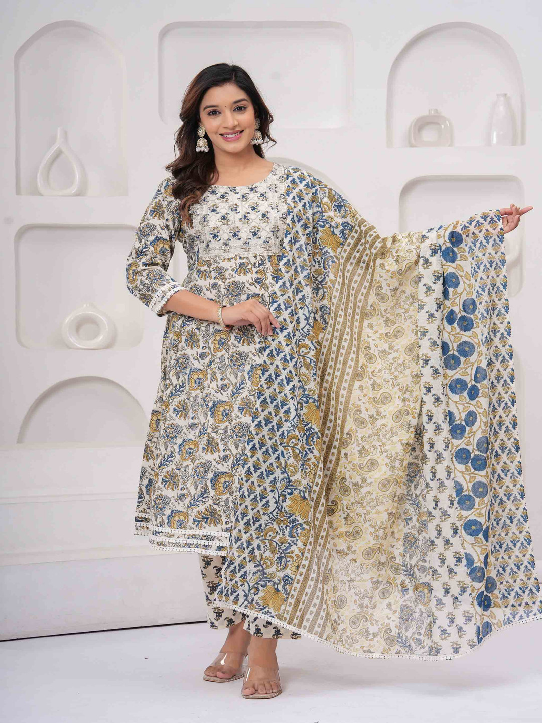 

CHIRAAI Floral Printed Thread Work Pure Cotton A-Line Kurta With Pyjamas & Dupatta, Beige