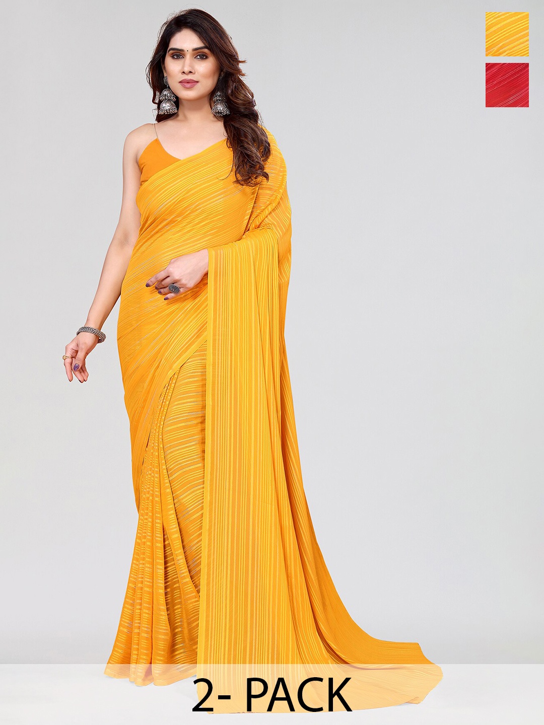 

Moda Rapido Set of 2 Striped Satin Sarees, Yellow