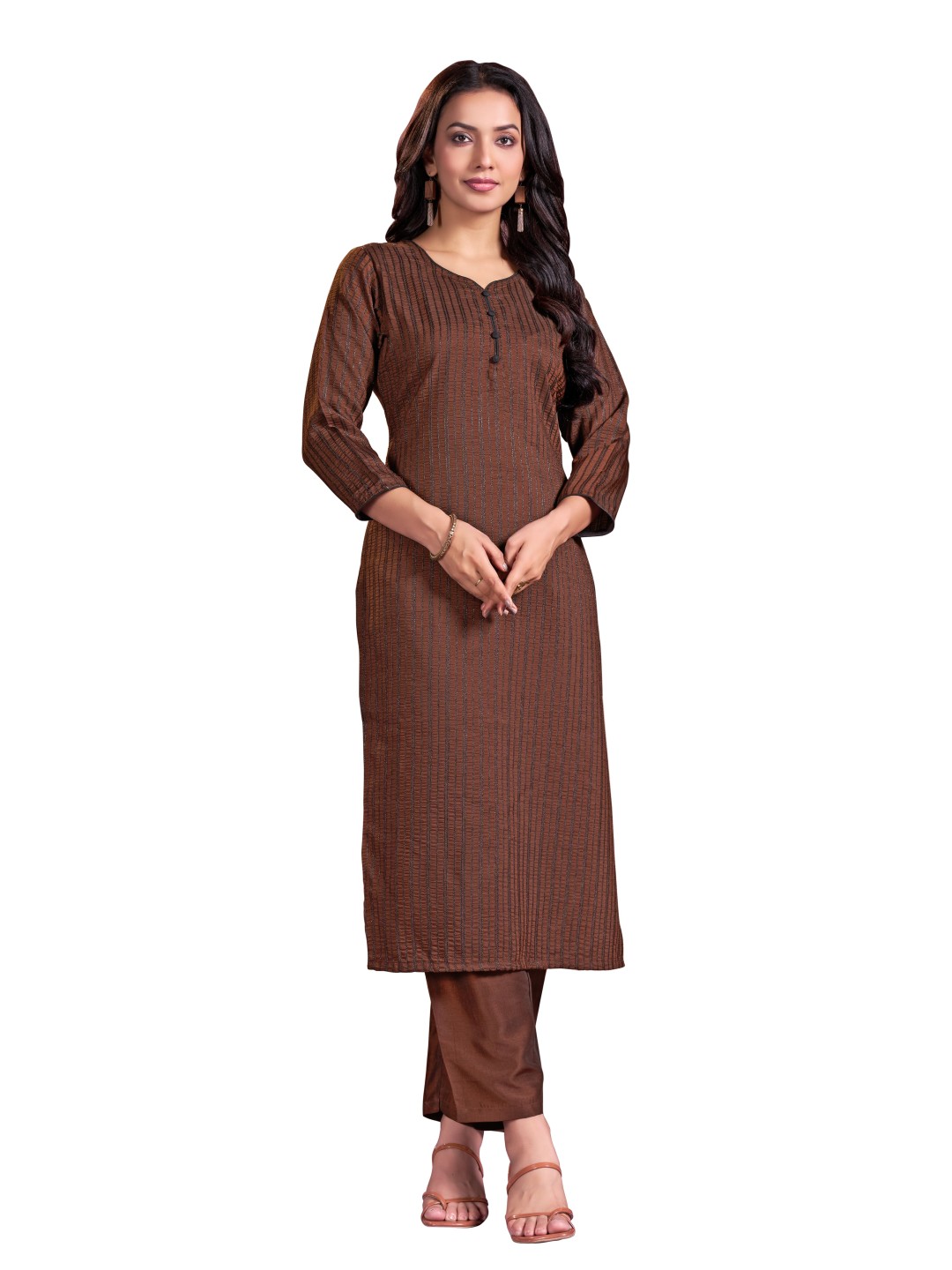 

Raave Striped Woven Design Sweetheart Neck Straight Kurta With Trousers, Brown