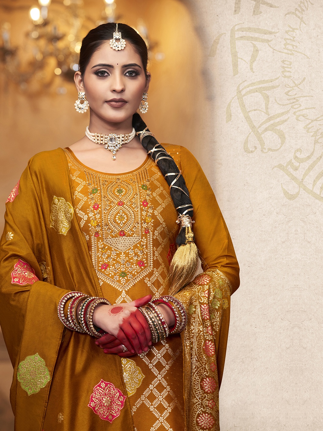 

Anouk Mustard Ethnic Motifs Gotta Patti Woven design Unstitched Dress Material
