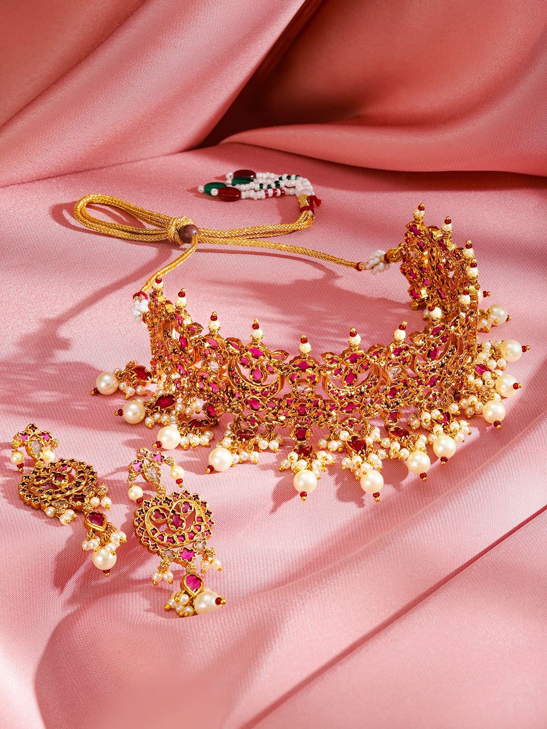 

Rubans 24K Gold-Plated Ruby Studded And Pearls Beaded Choker Jewllery Set