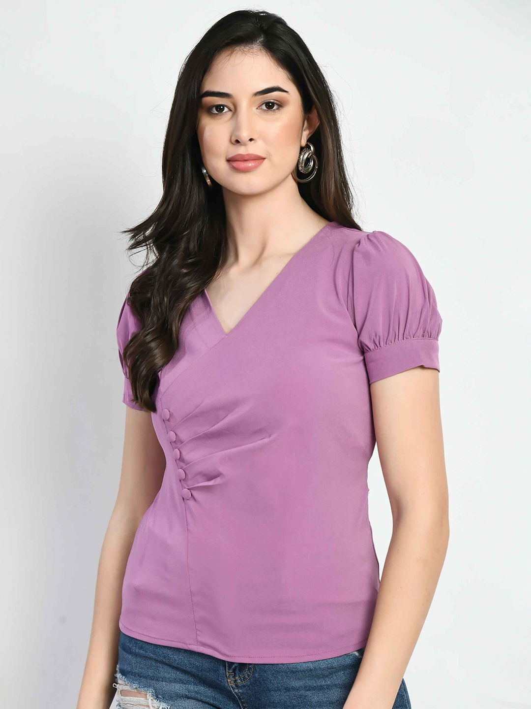 

Fruba Women Solid V-Neck Top, Purple
