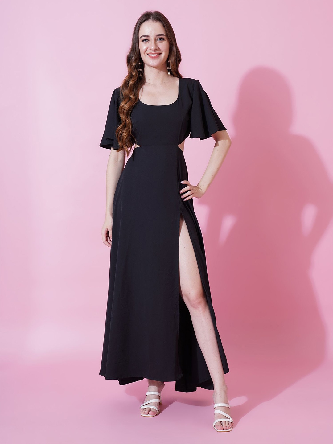 

YANAMORA Flutter Sleeve Crepe Fit & Flare Midi Dress, Black