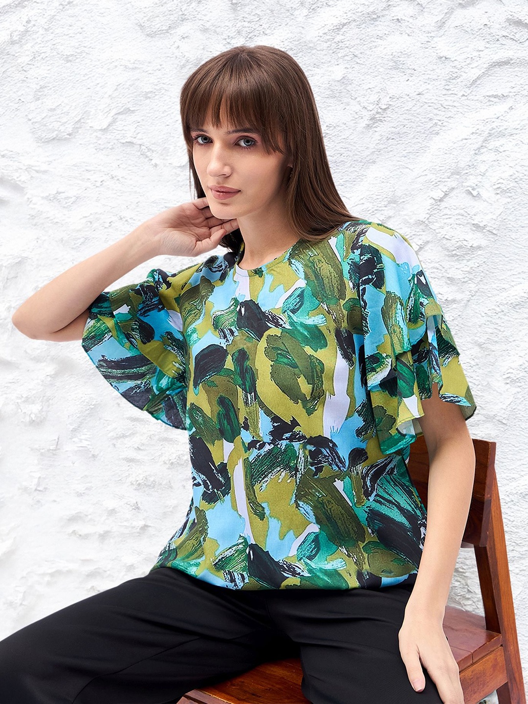 

DressBerry Print Flared Sleeve Satin Top, Green