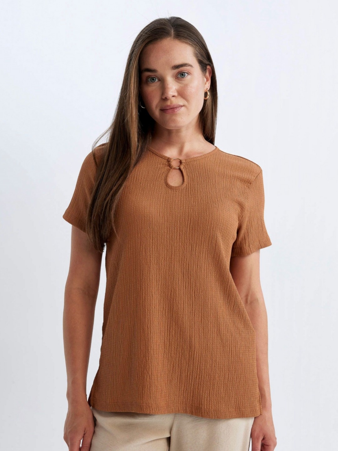 

DeFacto Women Self Design Round Neck T-shirt, Brown
