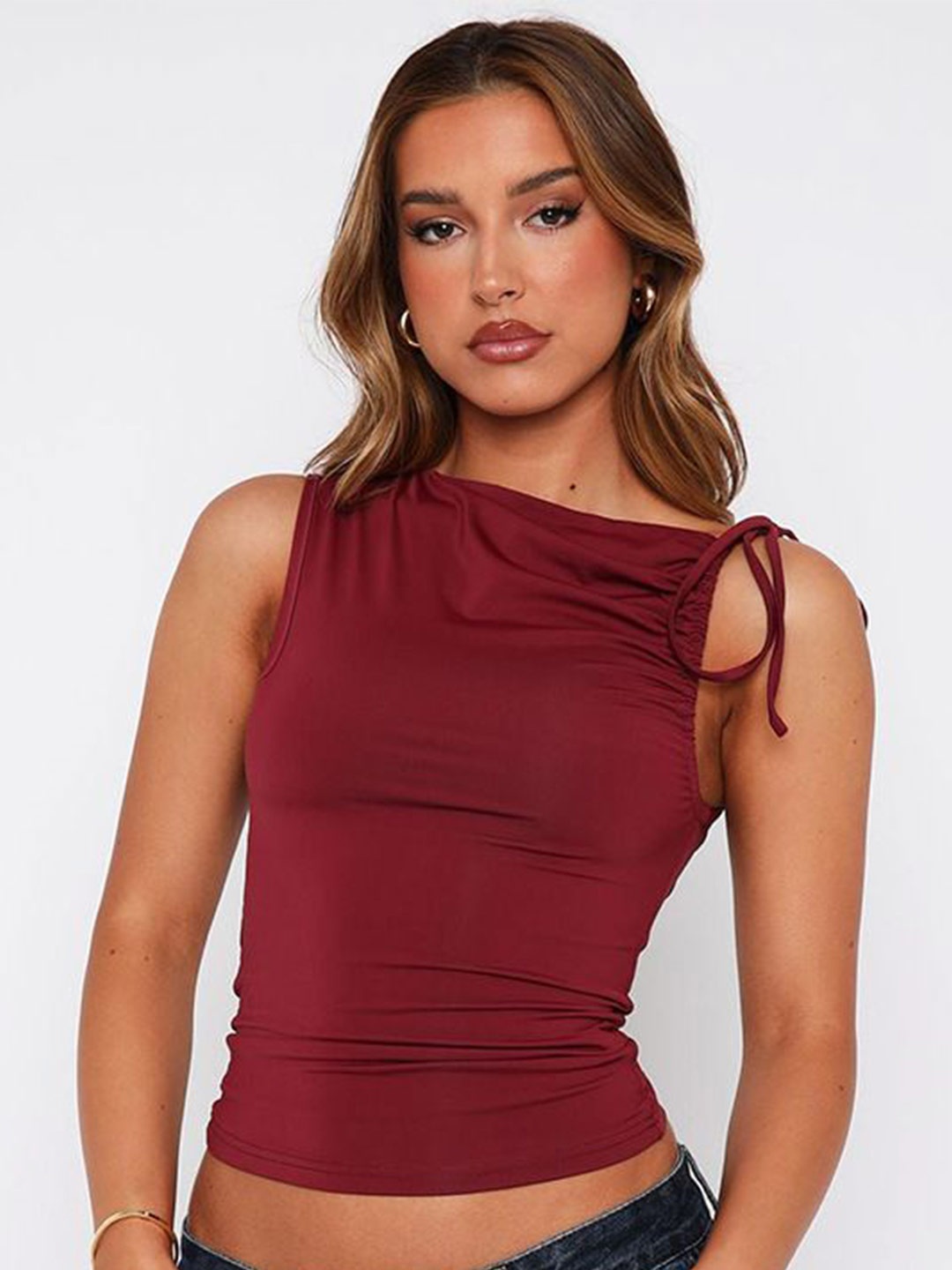 

MIAKEE Women Solid Tie-Up Neck Top, Maroon