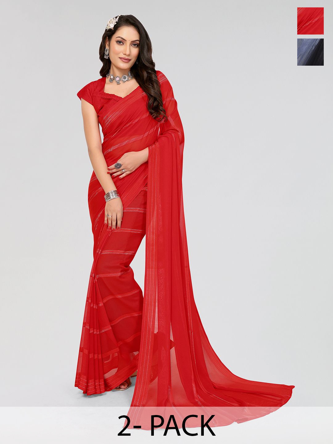 

Moda Rapido Set of 2 Striped Satin Sarees, Red