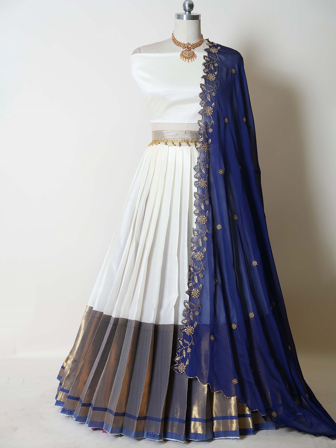 

Mr Y Woven Design Unstitched Silk Lehenga With Blouse & Dupatta, Navy blue