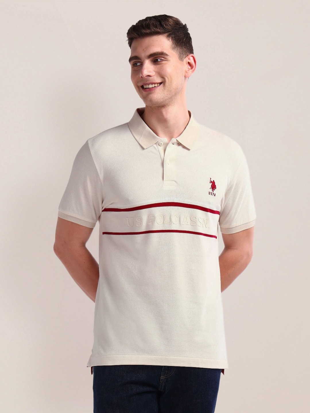 

U.S. Polo Assn. Men Striped Polo Collar Cotton T-shirt, Beige