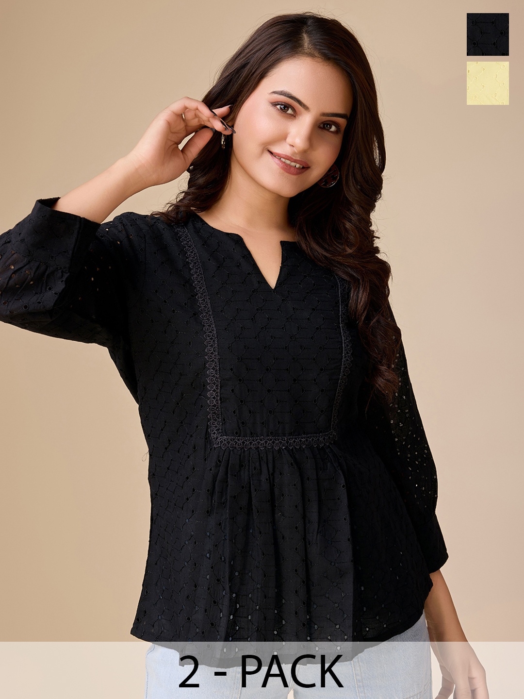 

HOUSE OF MIRA Women Pack Of 2 Self Design V-Neck Cotton Tops, Black