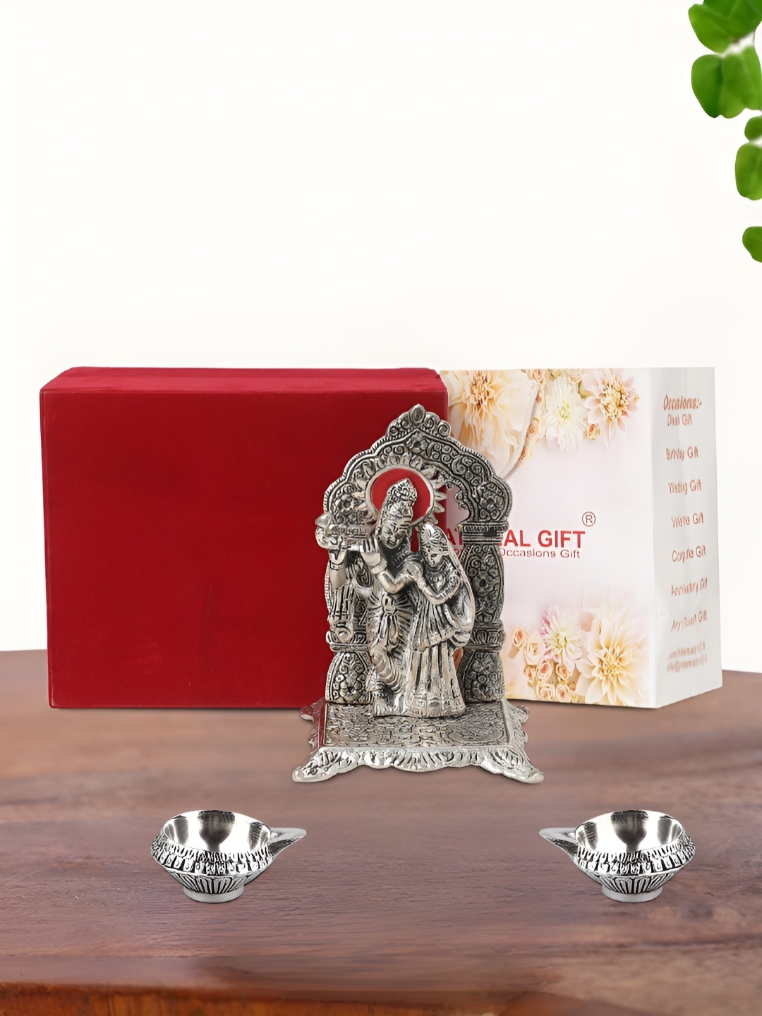 

INTERNATIONAL GIFT Silver Plated Radha Krishna Chowki with 2 Diya and Box