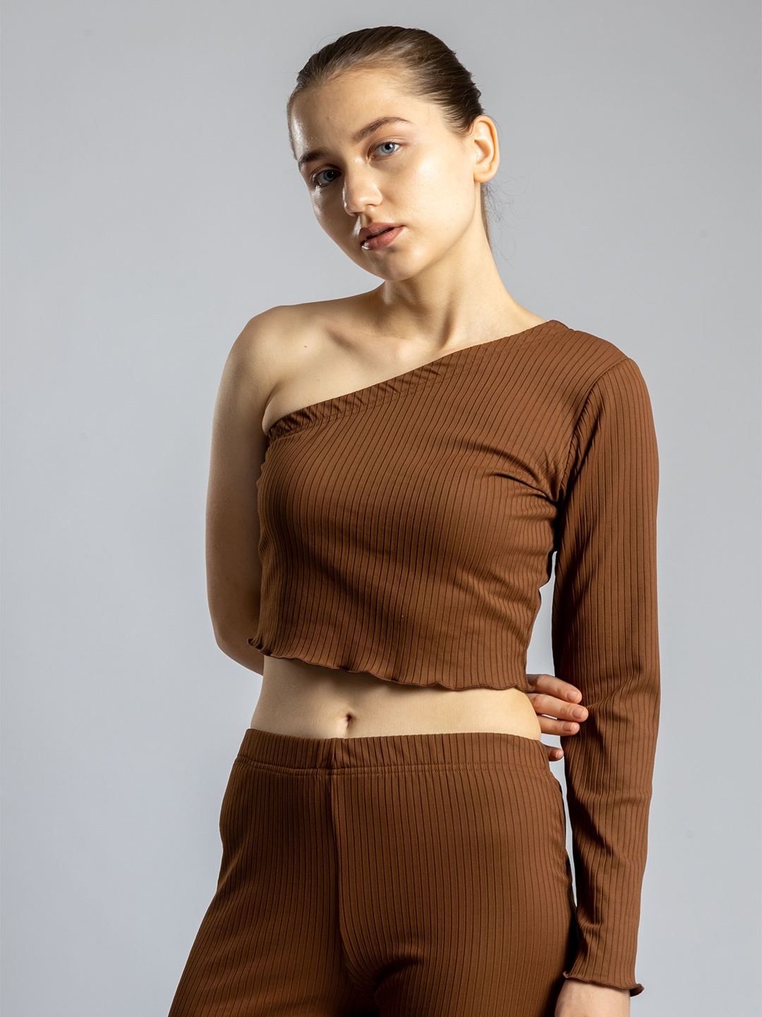 

PYR8 Women One Shoulder Crop Top, Coffee brown