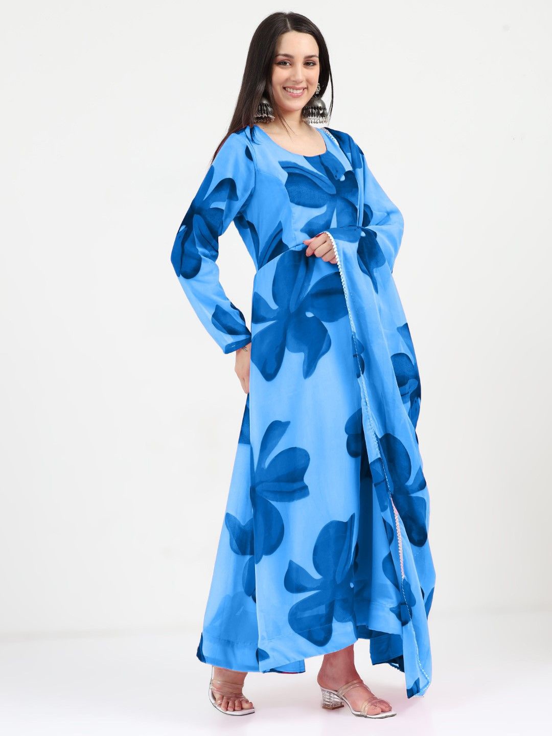 

Raiyani Enterprise Floral Printed Cotton A-line Dress With Dupatta, Blue
