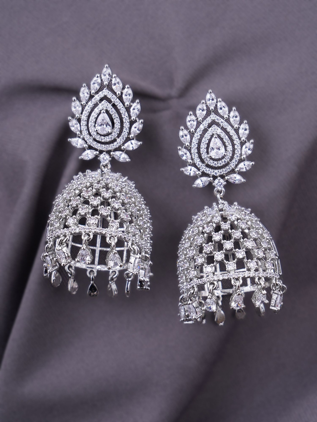 

Adwitiya Collection Rhodium-Plated American Diamond Studded Dome Shaped Drop Earrings, Silver