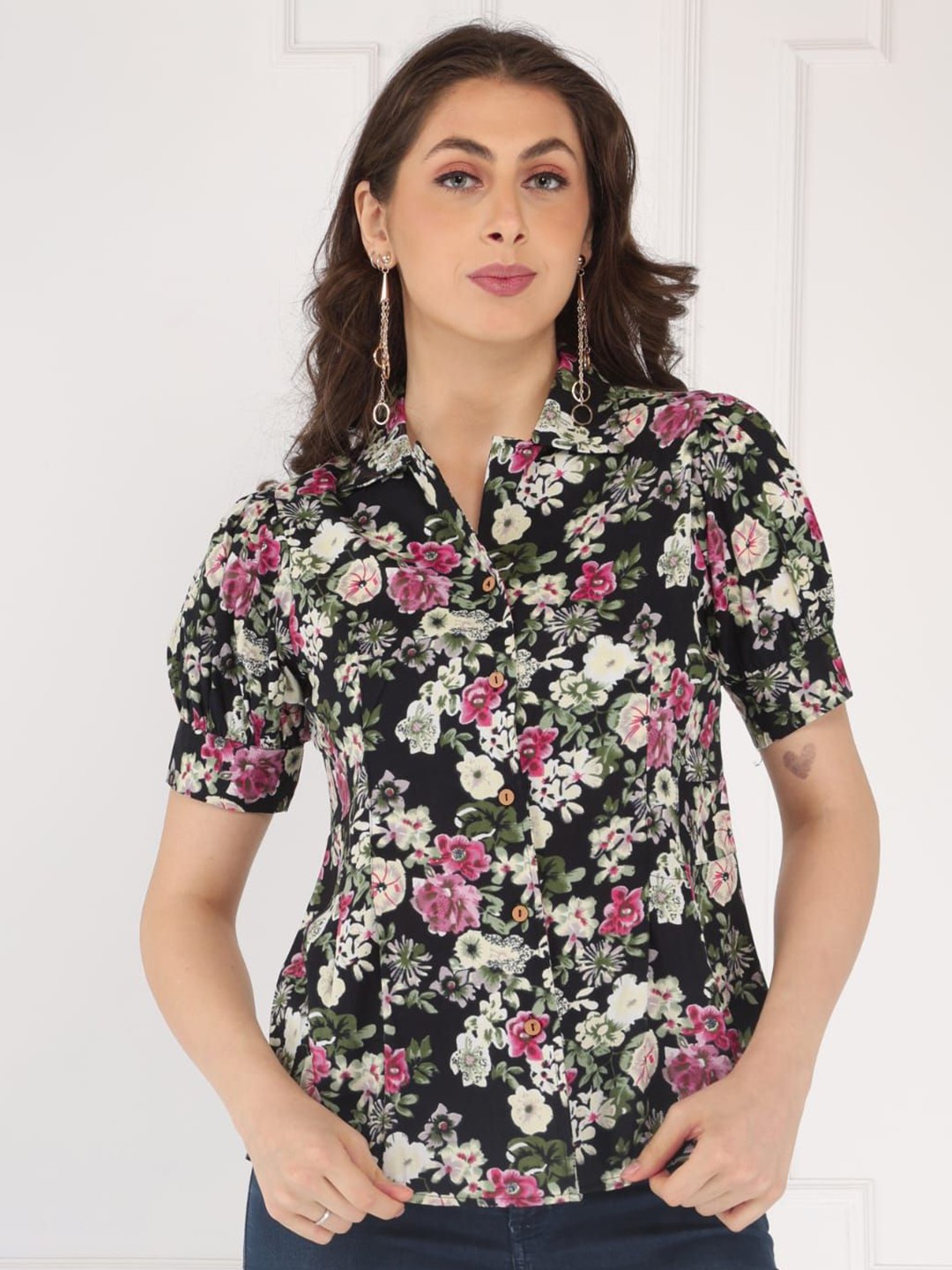 

MILAAV Floral Floral Printed Mandarin Collar Puff Sleeve Shirt Style Top, Black