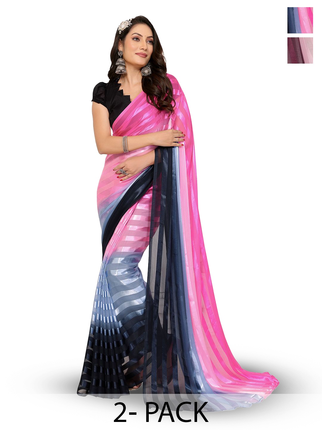 

Moda Rapido Set of 2 Striped Satin Sarees, Pink