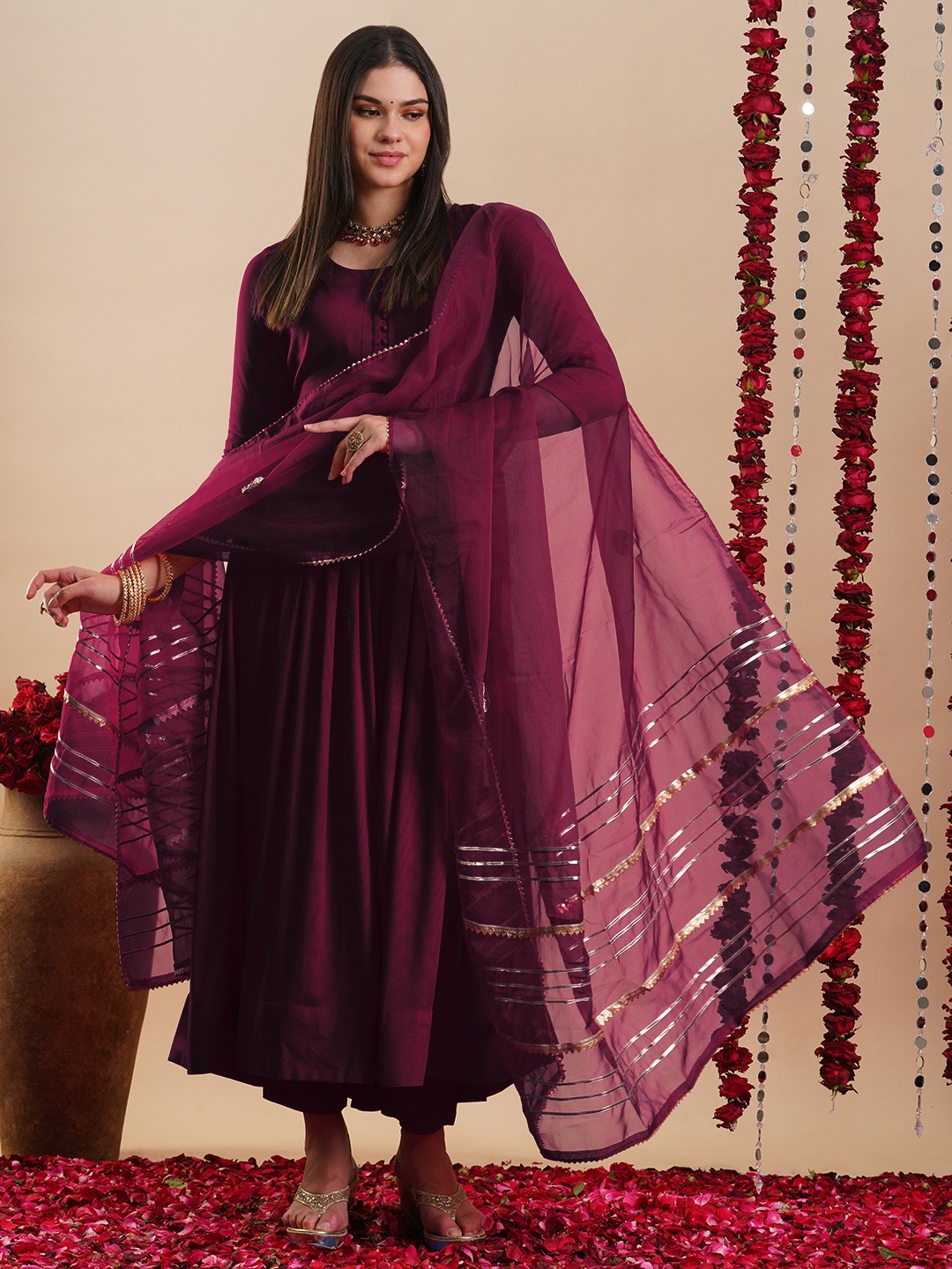 

DIVASTRI Embroidered Anarkali Kurta With Trousers And Dupatta, Maroon