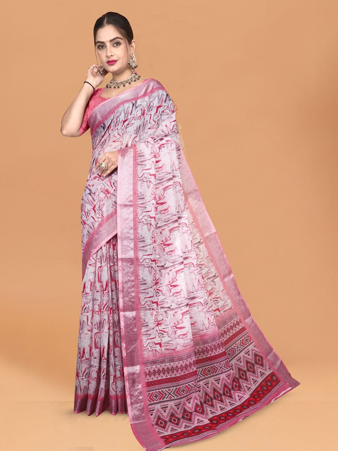 

Abhilasha Abstract Printed Zari Pure Cotton Maheshwari Saree, Pink