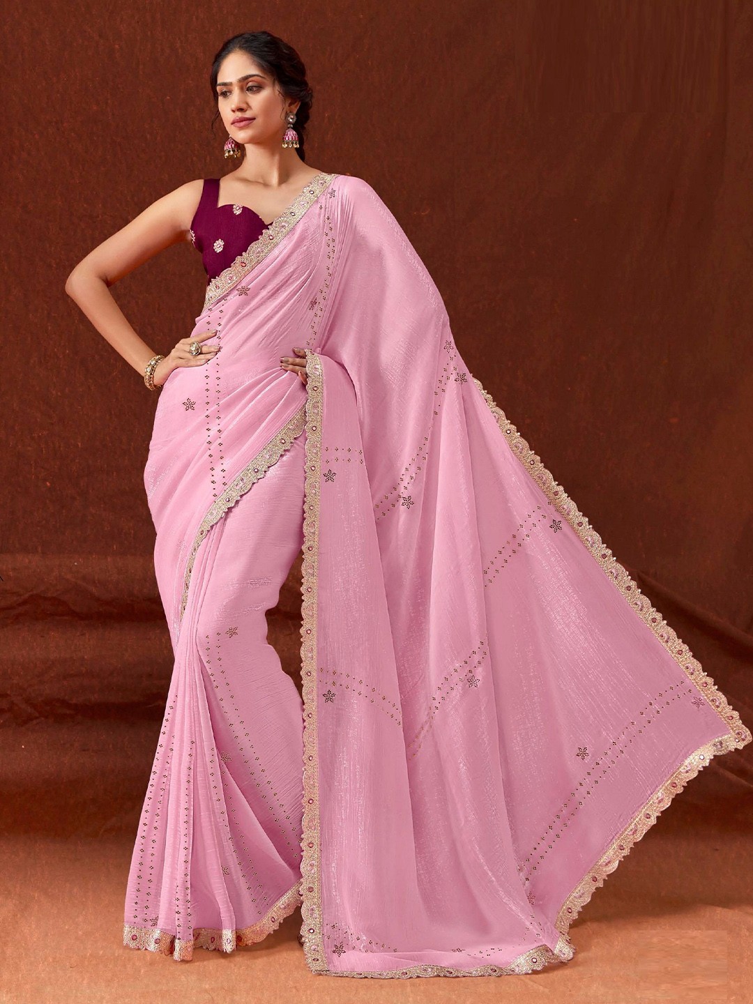 

MAHALASA Embellished Embroidered Pure Chiffon Saree, Pink