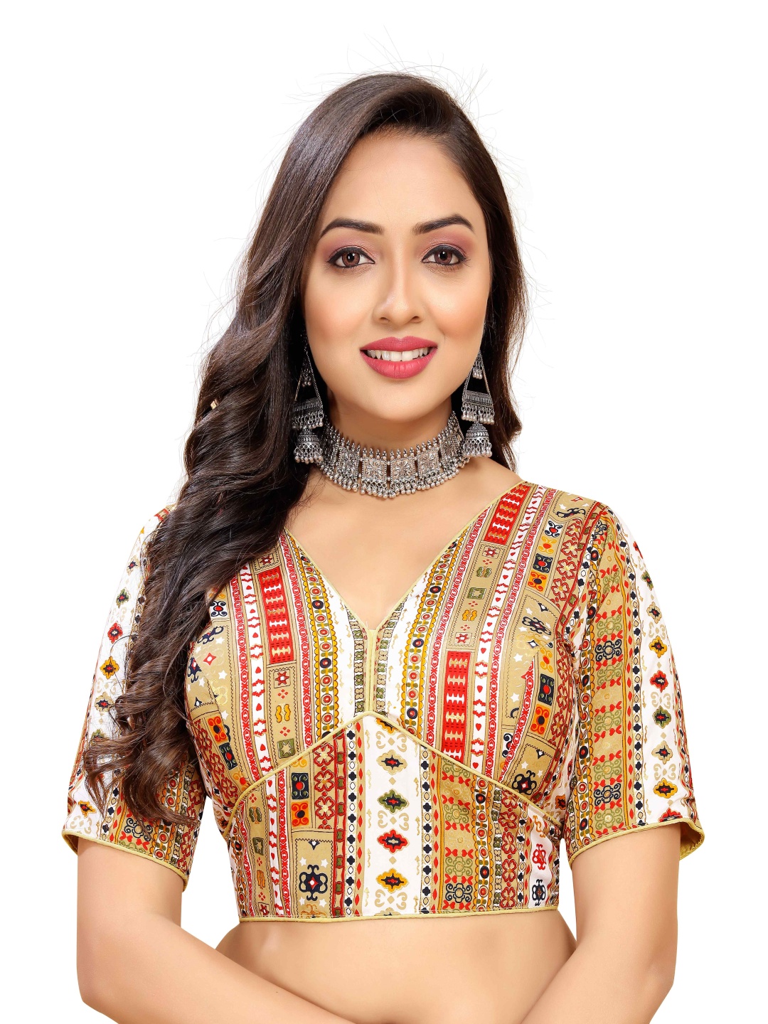 

HERE&NOW Women Printed V-Neck Saree Blouse, Beige