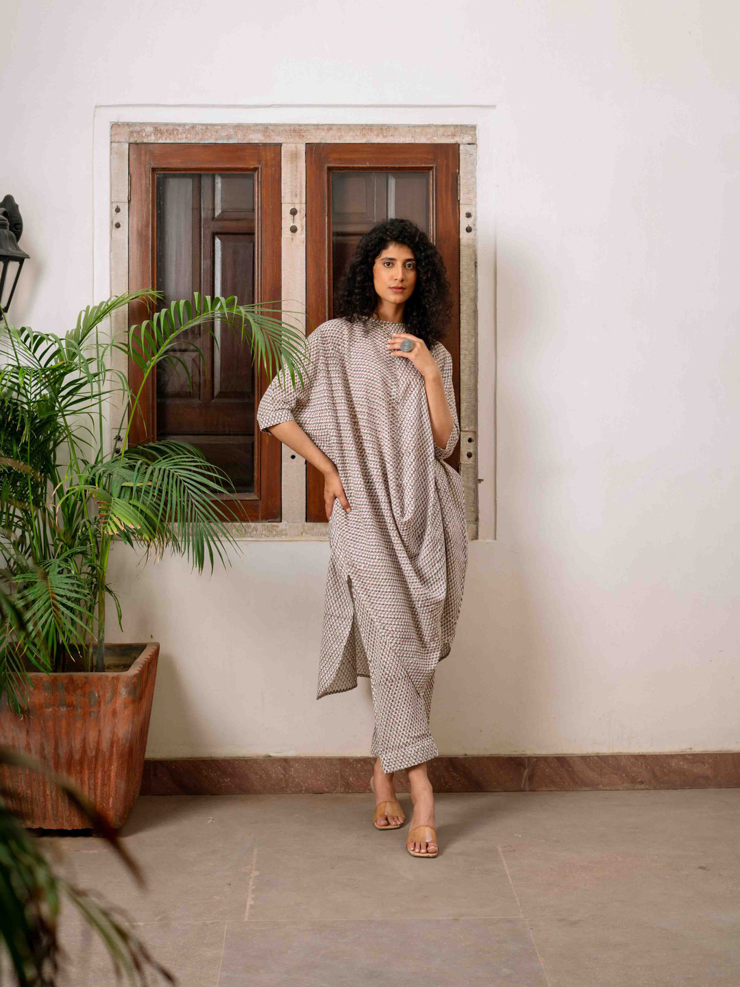 

SHILPI HANDICRAFTS Floral Printed Boat Neck Pure Cotton A-Line Kurta with Palazzos, Beige