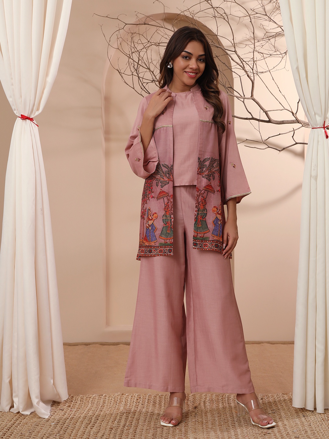 

Stylefables Round Neck Top And Palazzos With Shrug, Pink